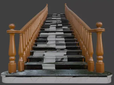 Classic Dark Marble Staircase with Ornate Wooden Balustrade 3D model
