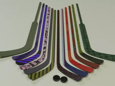 Collection of hockey sticks and pucks with procedural materials  Low-poly 3D model