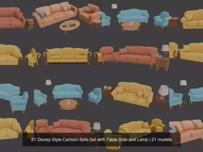 21 Disney Style Cartoon Sofa Set with Side Table and Lamp 3D Model Collection