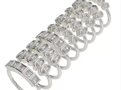 9 different Bezel set rings  3D Model Pack