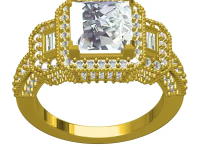 Princess Diamond Three Stone Halo Diamond Art Deco Ring 3D print model
