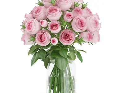 Pink Roses in Glass Vase 3D model
