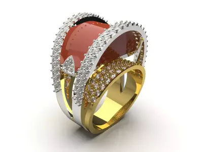 Two-tone Gold Ring with Coral and Diamonds Model jr00212 3D print model