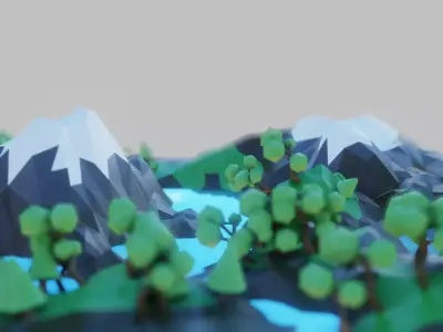 Low Poly Mountains island with trees and lake Free low-poly 3D model