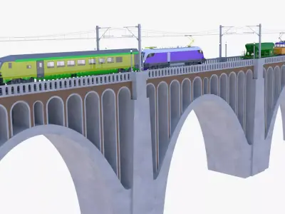 Viaduct with passenger and cargo train II 3D model