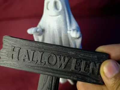 Halloween Ghost with Wooden Sign 3D print model