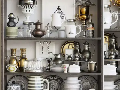 Set-189 bookcase filled with china and silverware 3D model