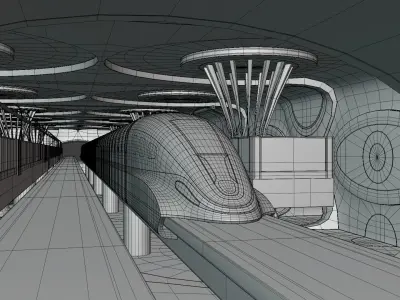Sci-fi maglev station with train 3D model