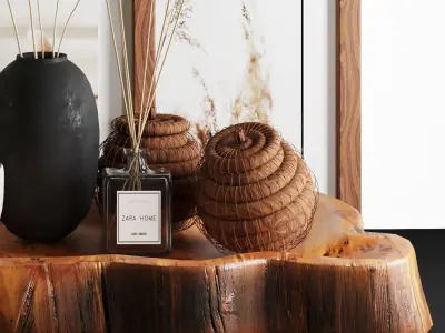 3dasset natural wood and wheat decorative set 3D model