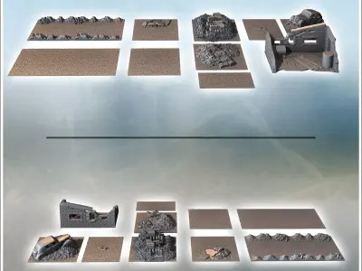 Set of urban ruins with debris car carcass and cobbled street 4  3D print model