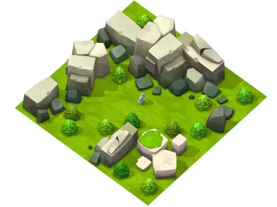 Cartoon Level Ground Tree Stone Cliff Low-poly 3D model