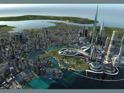 Futuristic Coastal City 3D Model Low-poly 3D model