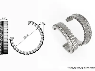 G0135 silver cuff ring with diamonds 3D print model