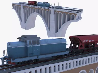 Viaduct with cargo train II 3D model