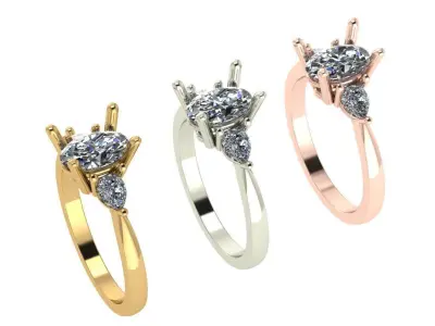 Oval and pear cut 3 stone diamond ring 3D print model