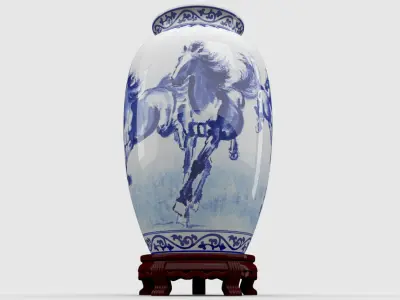 Chinese Blue and White Porcelain Vase with wood stand - Horses Low-poly 3D model