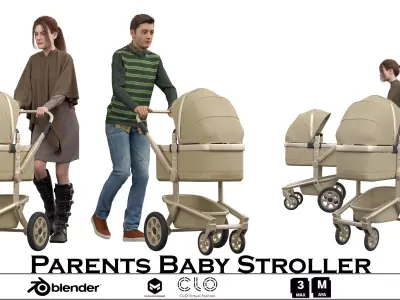 Parents Baby Stroller Low-poly 3D model