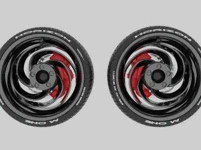 Unique car tires with brakes and rims 3D model