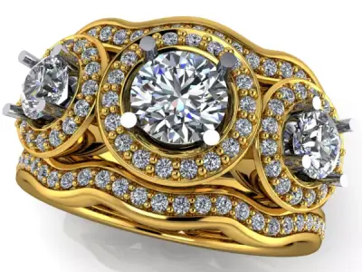 Modern 3 Stone Anniversary Halo Bridal Wedding Set Rings 3D print model