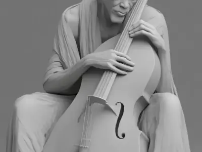 Sculptural Bass Player Elderly Man Double Bass 3D Low-poly 3D model