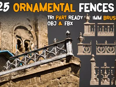 25 Professional Ornamental Fences and 3D Model    Vol 17 Low-poly 3D model