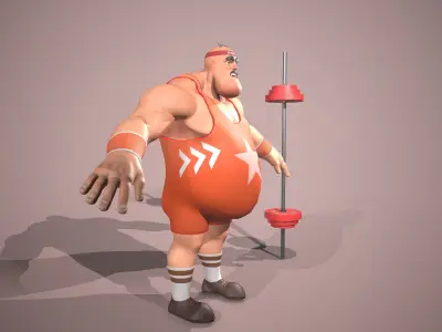 Weightlifter cartoon character holding barbell Low-poly 3D model