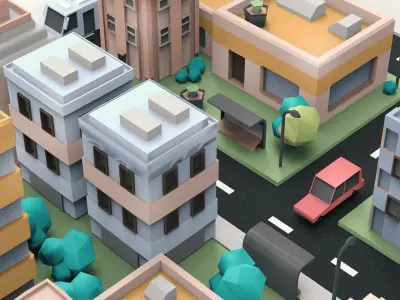 Simple City Town Low Poly Assets VR - AR - Game 3D model Low-poly 3D model