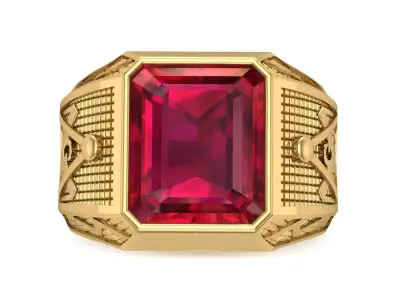 Masonic ring with rectangular emerald and embossed side symbols 3D print model