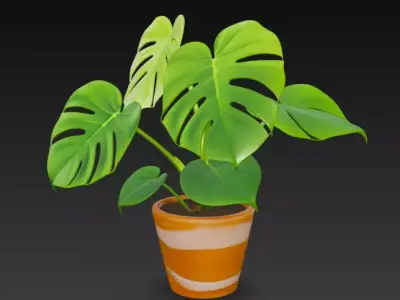 Realistic 3D Monstera Plant in Striped Terracotta Pot 3D model