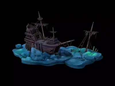 Game Cartoon Undersea City - Shipwreck 02 3D model