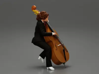 Beautiful young woman musician sitting on a vintage double bass 3D print model