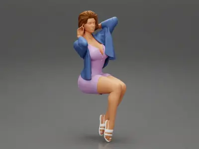 short hair woman in a dress sitting on a chair 3D print model