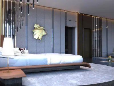 bedroom modern with wooden floors and bed 3D model