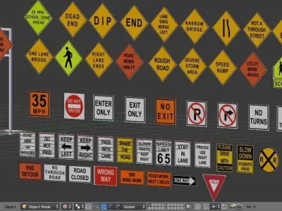 Road Signs Collection with Textures - US Signs Set - 50 Items Low-poly 3D model