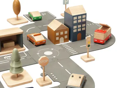 Liewood Village Roads Houses Cars Traffic Signs Toy 3D model
