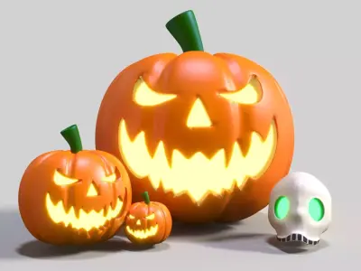 Halloween Decor Set with Jack O Lanterns and Skull 3D model