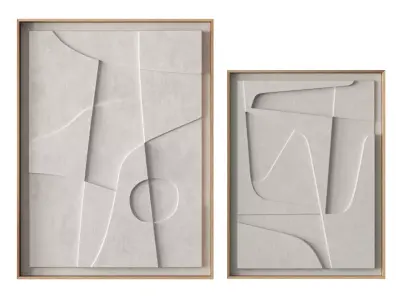 White relief artworks in wooden frame Low-poly 3D model