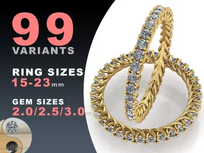 Eternity diamond rings 2i0  2i5  3i0 mm gems set 3D Model Pack