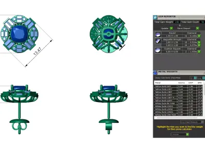 Cushion Colour Stone Stud with Baguette and Round Diamond 3D print model