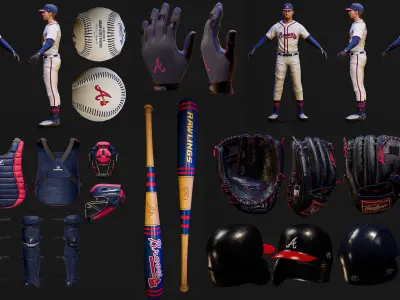 Atlanta Braves Character And Essential Baseball Equipment Low-poly 3D model