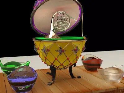 Chinese  gold ingot  and Russia Faberge egg  French horn   3D model