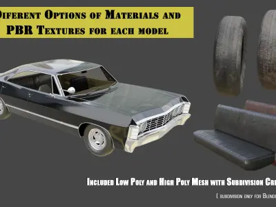 Vintage Classic Car Chevrolet Impala 1967 PBR more Bonus  Low-poly 3D model
