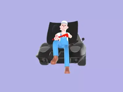 Stylized 3D Mechanic Sitting on Car Bumper - Cartoon 3D model