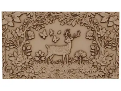 decor set wall panel deer relief mural CNC 55 3D model