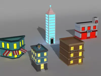 Low Poly Stylized City Buildings Pack 5 Models Game Ready Assets Low-poly 3D model