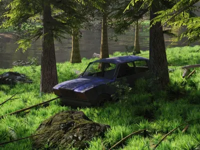Abandoned Car in Forest Scene 3D model