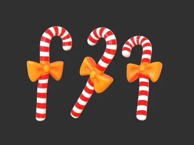 Candy Cane 04 with Bow 3D Model Christmas Decor Low Poly  Low-poly 3D model