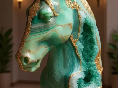 Green Agate Horse Sculpture Crystal Equine Gold Veins 3D Model Low-poly 3D model