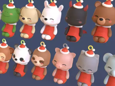 Cute Animal Christmas Hanging Ornaments Low-poly 3D model