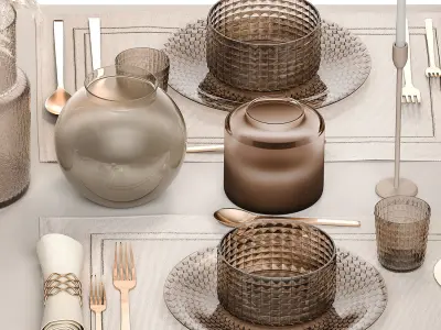 table setting for 4 persons with a bouquet of pampas grass  3D model